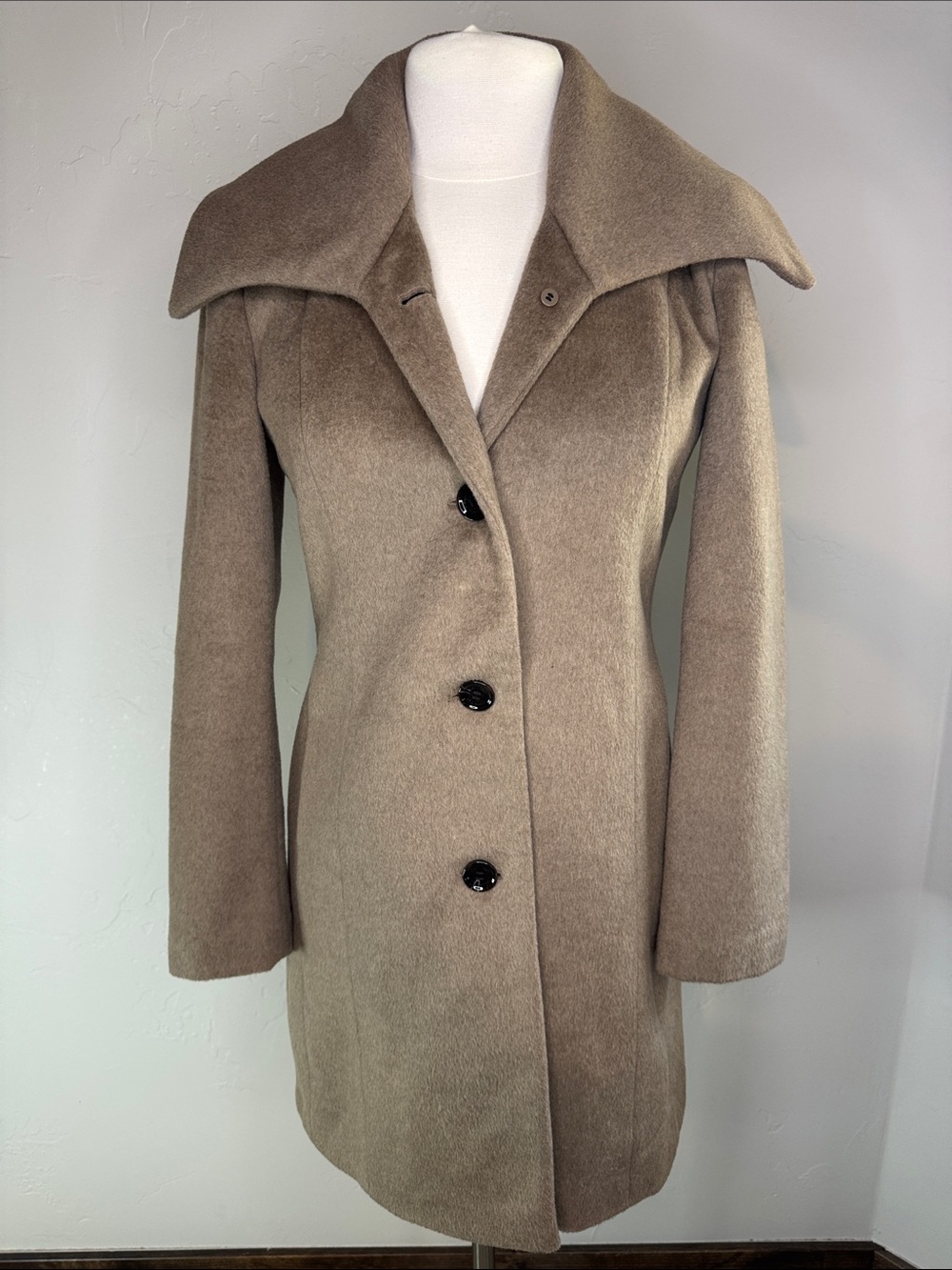 Calvin Klein Taupe Single-Breasted Wool Trench Coat with Dramatic Wide Collar